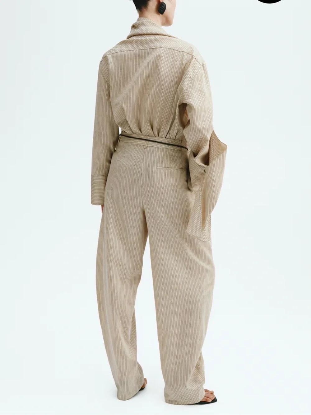 H&M EDITION Linen Blend Barrel Leg Pants Beige Black Striped Baggy